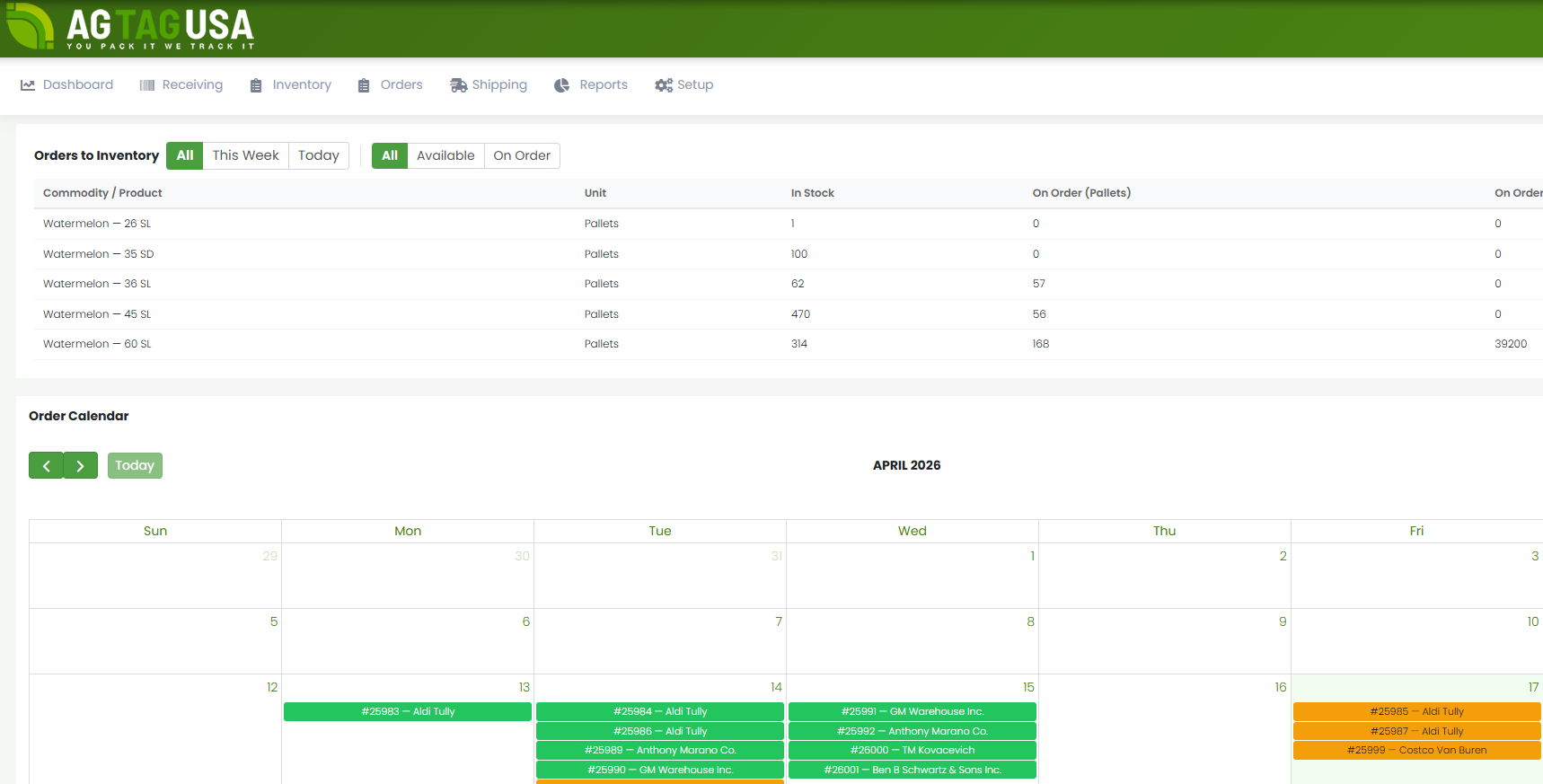 AgTag Dashboard — inventory overview and order calendar